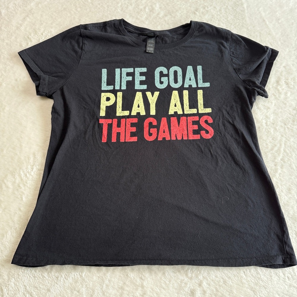 Gildan Softstyle‎ Womens L Black Life Goal Play All The Games Graphic Shirt Top